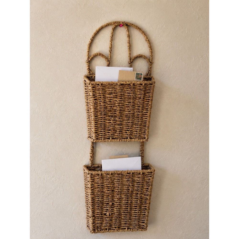 Vintage Woven Seagrass 2 Tier Wall Hanging Basket Organizer Natural Boho Storage